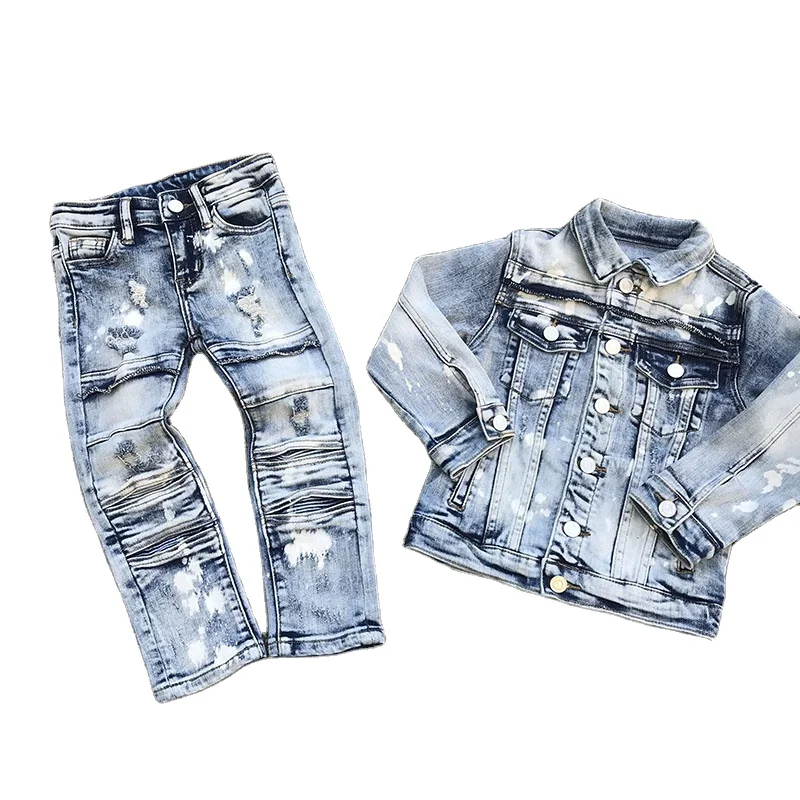 

2021 new style fashion kids blue vintage wash knee ripped boys jeans for all-match children's