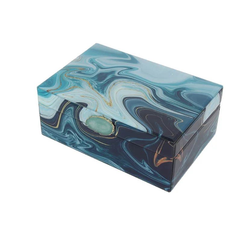 

Jinn Home Cheaper Wholesale Blue Marble Square Glass Gift Jewelry box With Amber Stones for Home Decoration, Customized