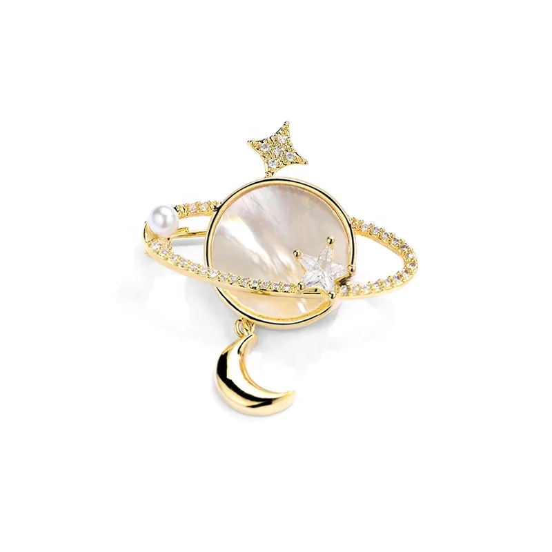 

XILIANGFEIZI High Quality Luxury Copper Zircon Pearl Brooch Gold Round Brooch Moon Brooches