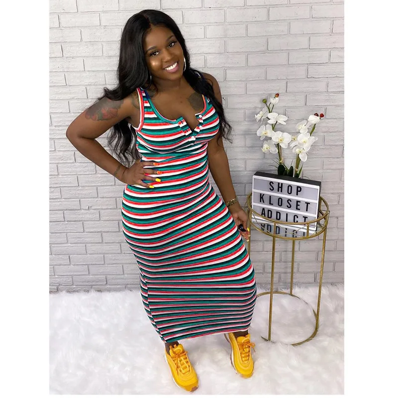 

D H3505 2021 Summer Hot Sale Plus Size Women's Color Striped Fashion Loose Dress