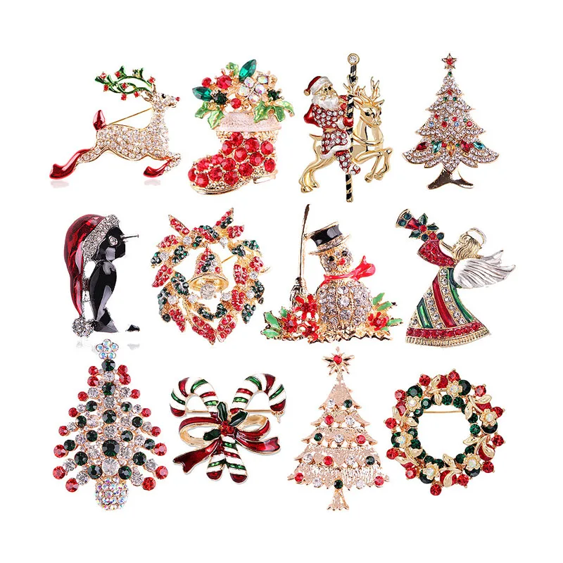 

Colored Rhinestone Crystal Enamel Christmas Wreath Snowflake Bell Gift Christmas Decor Tree Brooch Pins For Women Girls, As pictures