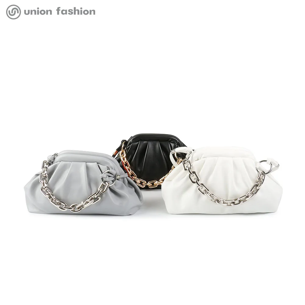 

New Design Women Metal Chains Pleated PU Leather Ladies Fancy Cloud Shoulder Bag ruched bags, Picture