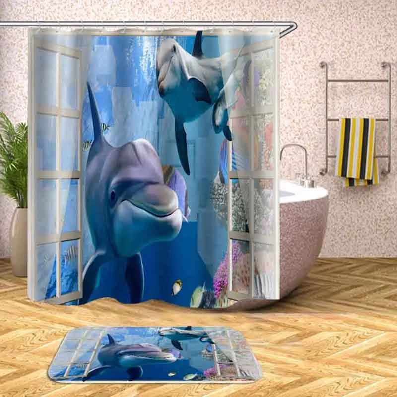 

i@home polyester fabric cartoon bathroom dolphin shower curtain ocean waterproof custom, Blue