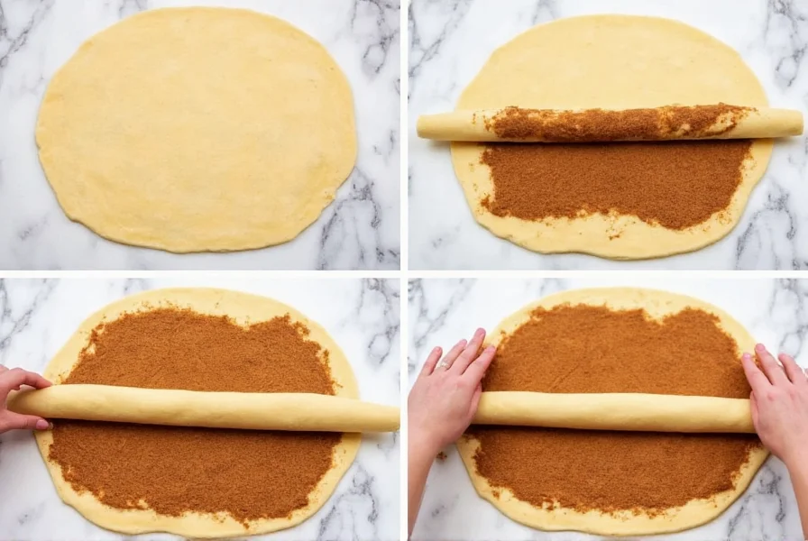 Step-by-step process of rolling cinnamon roll dough with cinnamon sugar mixture evenly spread on flat dough sheet