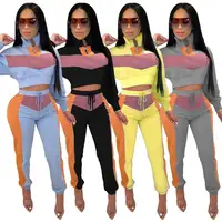 

Women's Patchwork striped sling High Waist trousers Zipper Tops 2 Piece Sets hooded sportwear tracksuit