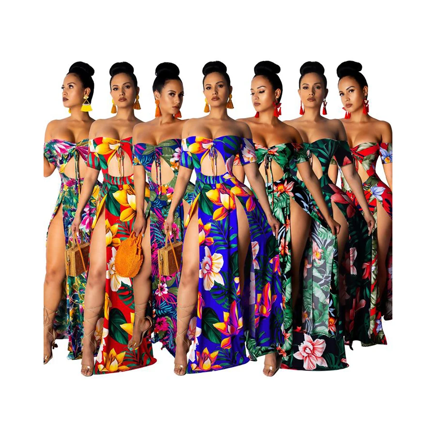 

Foma G0185 hot sale summer 2021 women dresses strapless sexy split beautiful floral short sleeve maxi dress, 7 colors