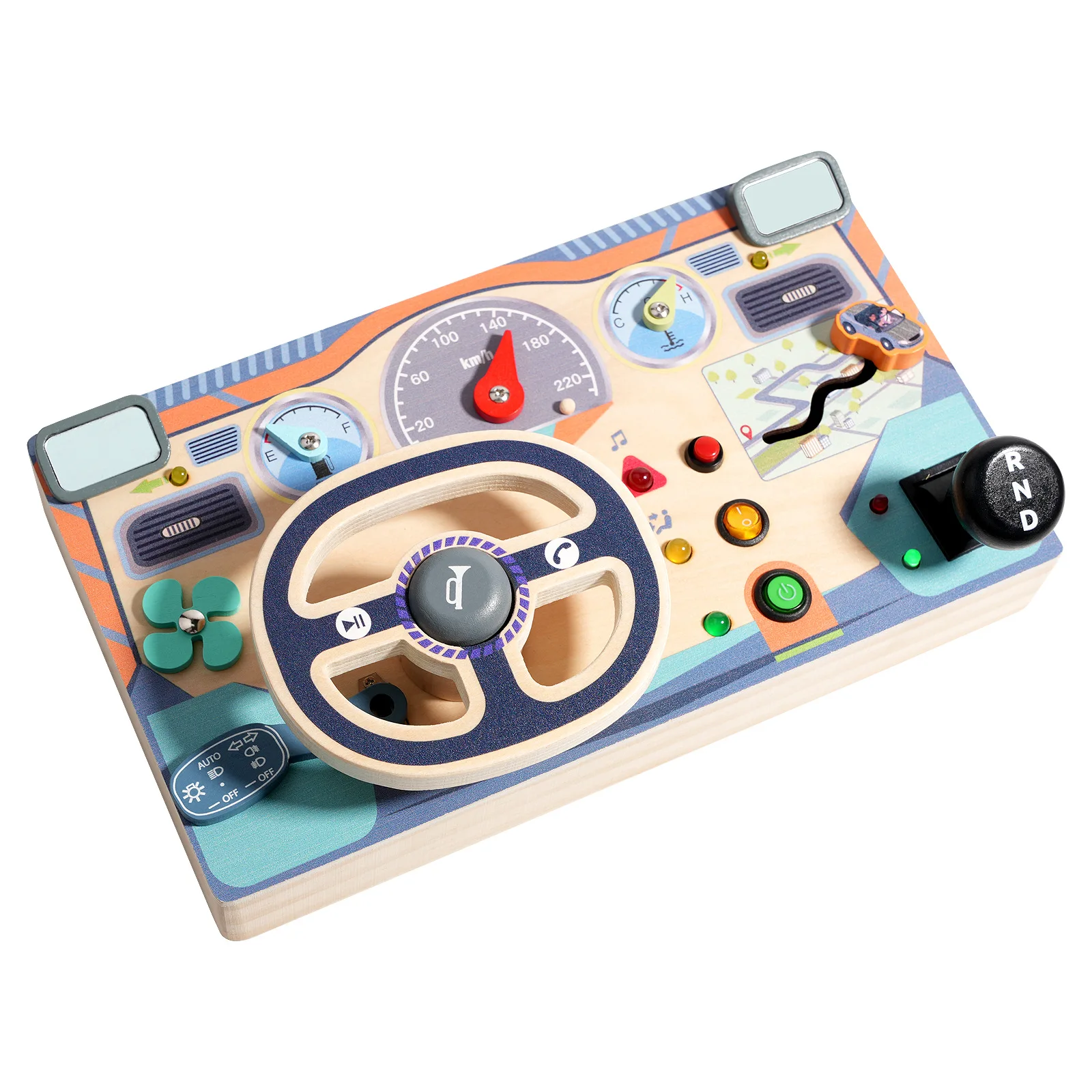 Montessori Children's Wooden Steering Wheel LED Light Switch Busy Board Game Educational Sensory Learning Gift Toys for Kids