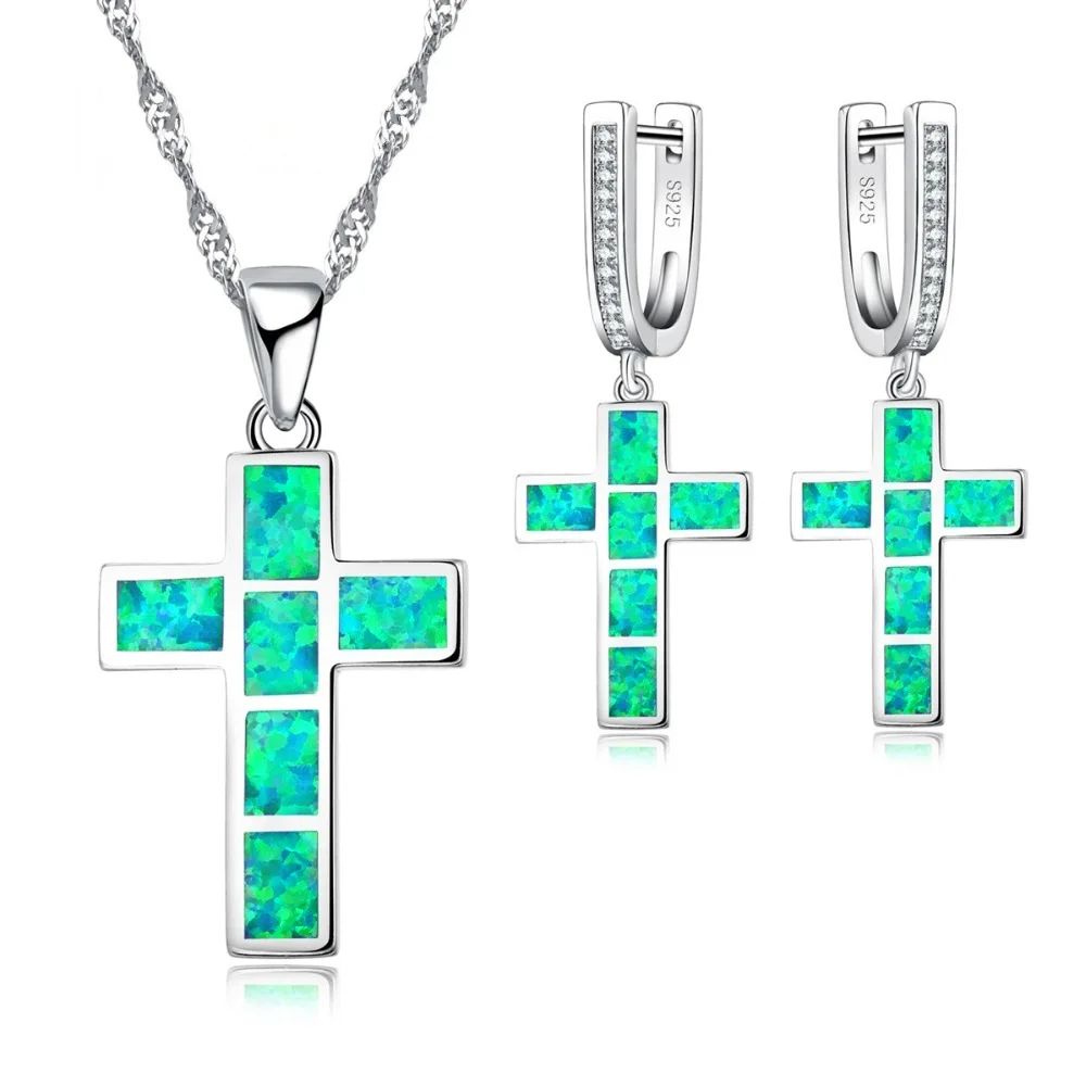 

Amazon Hot Selling Blue Cross Opal Necklace Set Trendy Ethiopian Opal Cross Pendant Necklace Set For Women