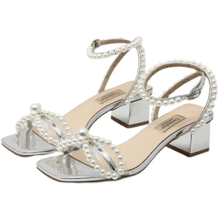 

2021 summer new fashion Pearl bow women's shoes mid heel chunky heel girls party prom office sexy sandals, Beige, silver