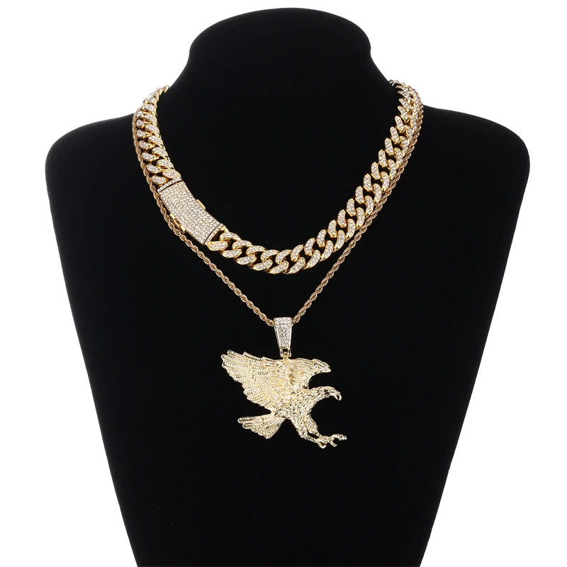 

Full Drill Animal Falcon Trendy Hip hop Shiny Fancy Fashion Alloy Jewelry Eagle Pendant with Cuban Chain Necklace Set