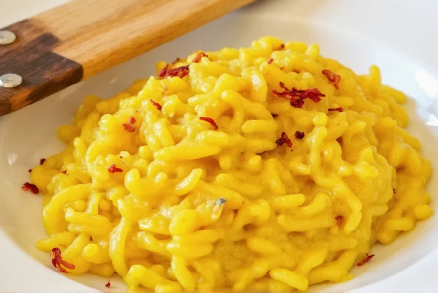 Perfectly cooked saffron risotto with uniform golden color and creamy texture