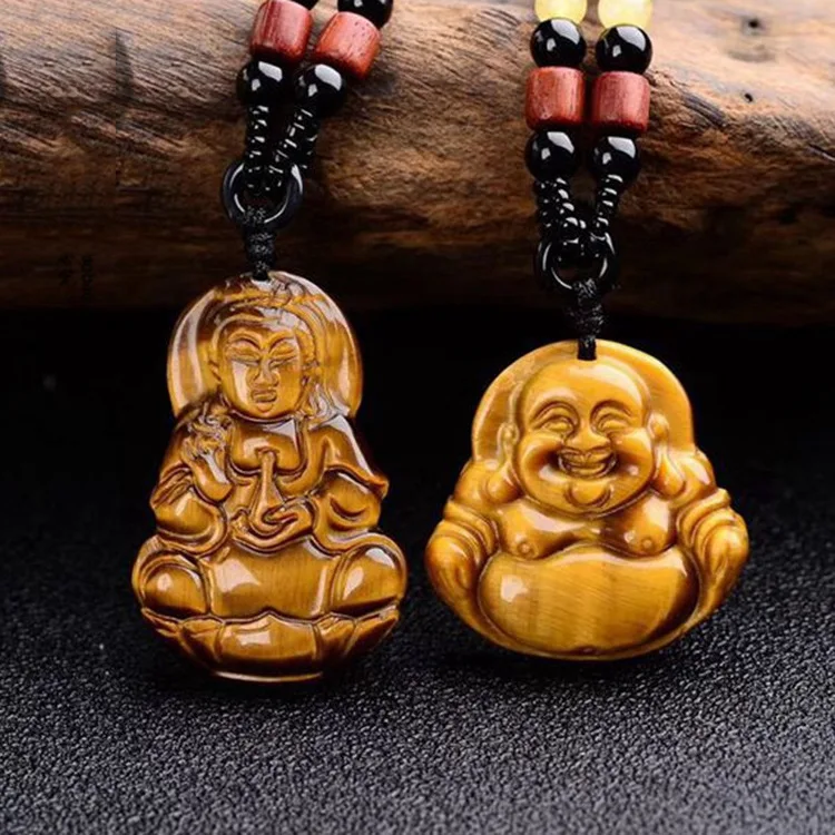 Glossy Tiger Eye Stone Buddha Necklace Stereo Engraving Lucky Buddha Guanyin Pendant Necklace for Men