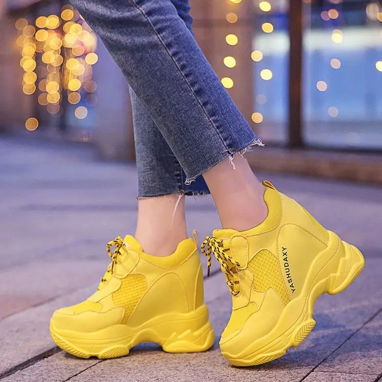 

2021 Women Summer Mesh Platform Sneakers Lace up Casual Shoes High Heels Wedges Outdoor Shoes Breathable Women's Vulcanize Shoes
