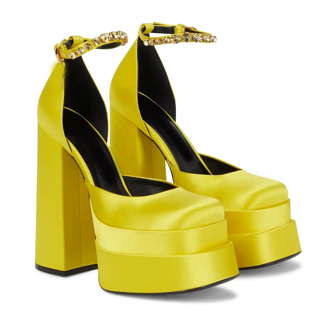 

Luxury Design Square Toe Chunky Heel Diamond Ankle Strap Hot Pink Satin Women Platform Pumps, Lemon yellow