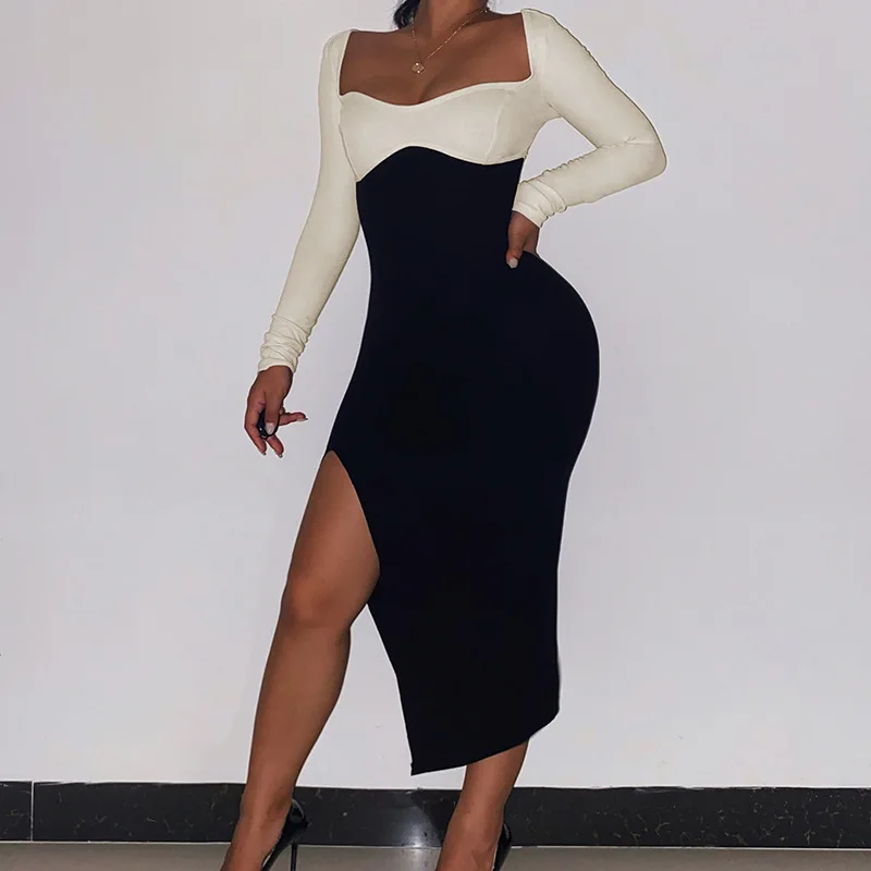 

fall 2021 women clothes New Arrival color blocking Square Collar bodycon dress women fall dress