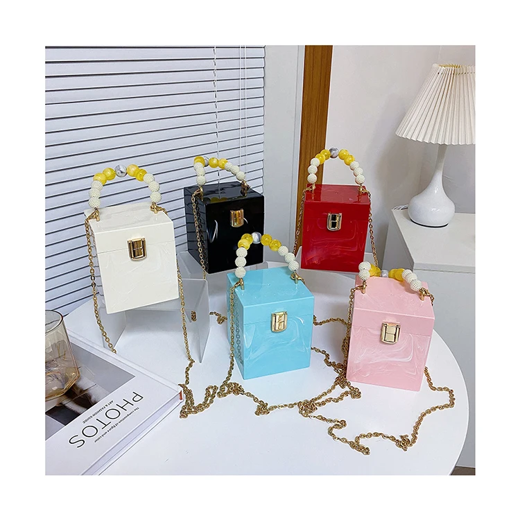 

Acrylic Beaded Portable Box Bags Trendy Marbling Chain Crossbody Bags Textured Stylish Small Square Tote Purses and Handbags sac