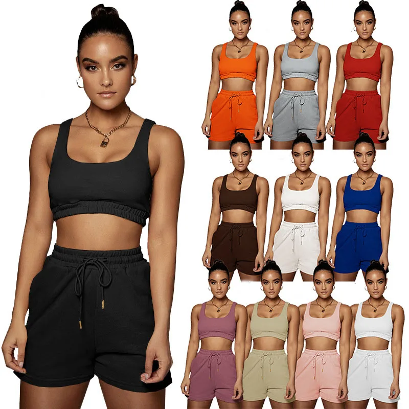 

2021 Women Two Piece Set Tank Tops Clothing Outfits Crop Top Girls Summer 2 Piece Biker Short Casual Pants Set Clothes