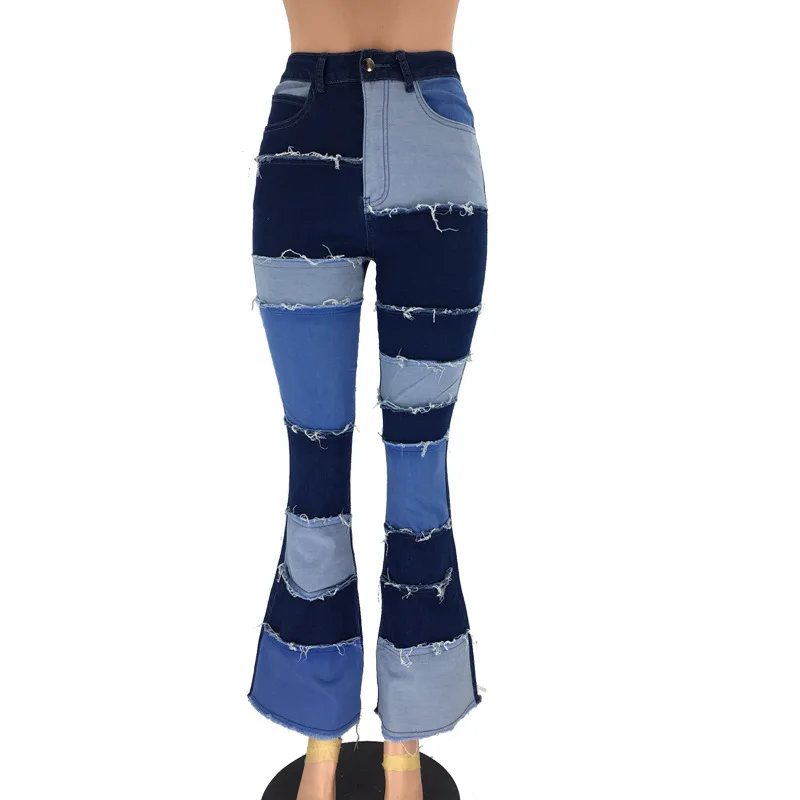 

2020 New fashion High waist Elastic force patch Flare Pants Jeans women ladies jeans