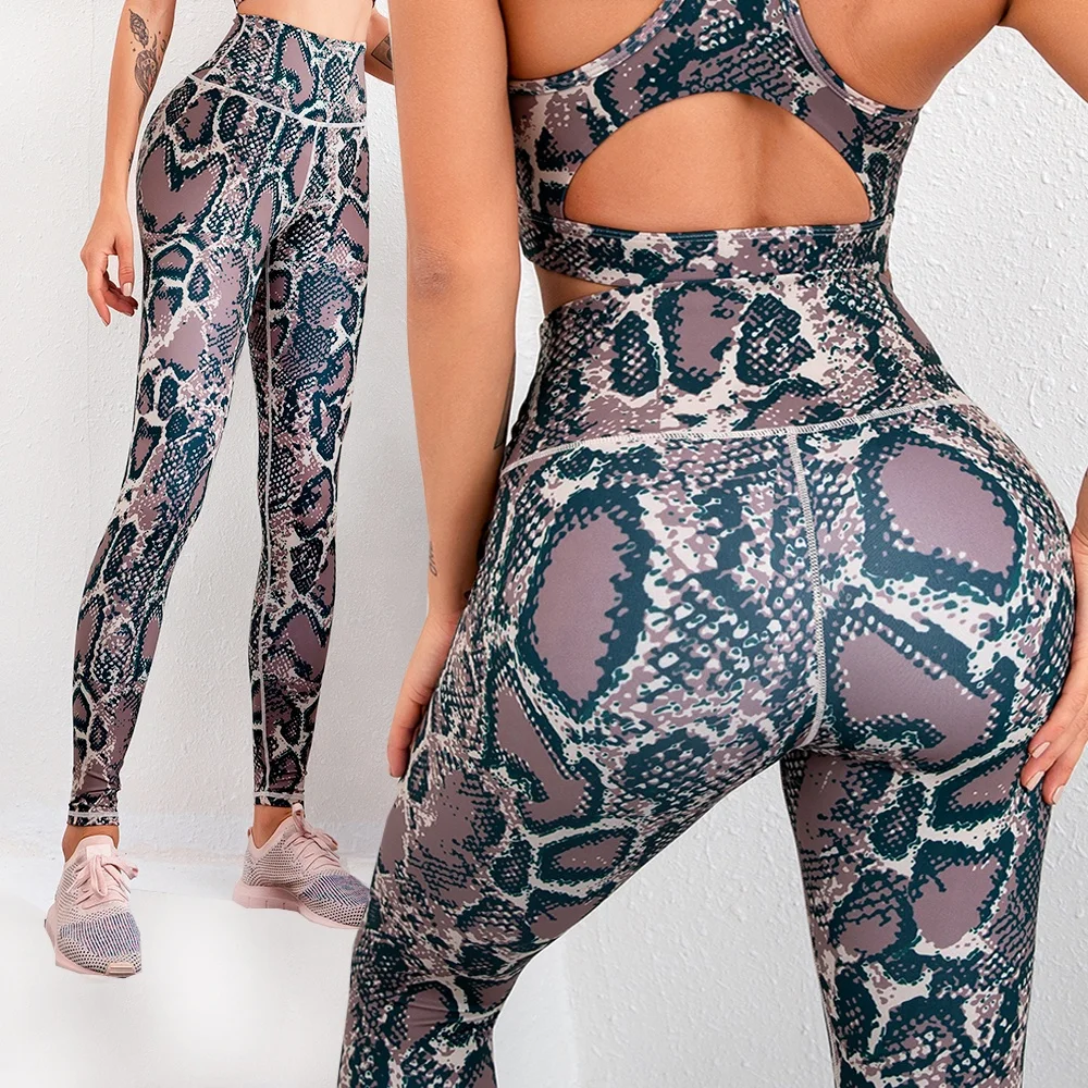 

2021 Snake Printed Custom Logo High Waist Yoga Pants for Women Buttery Soft Tiktok Leggings with Waist Cincher