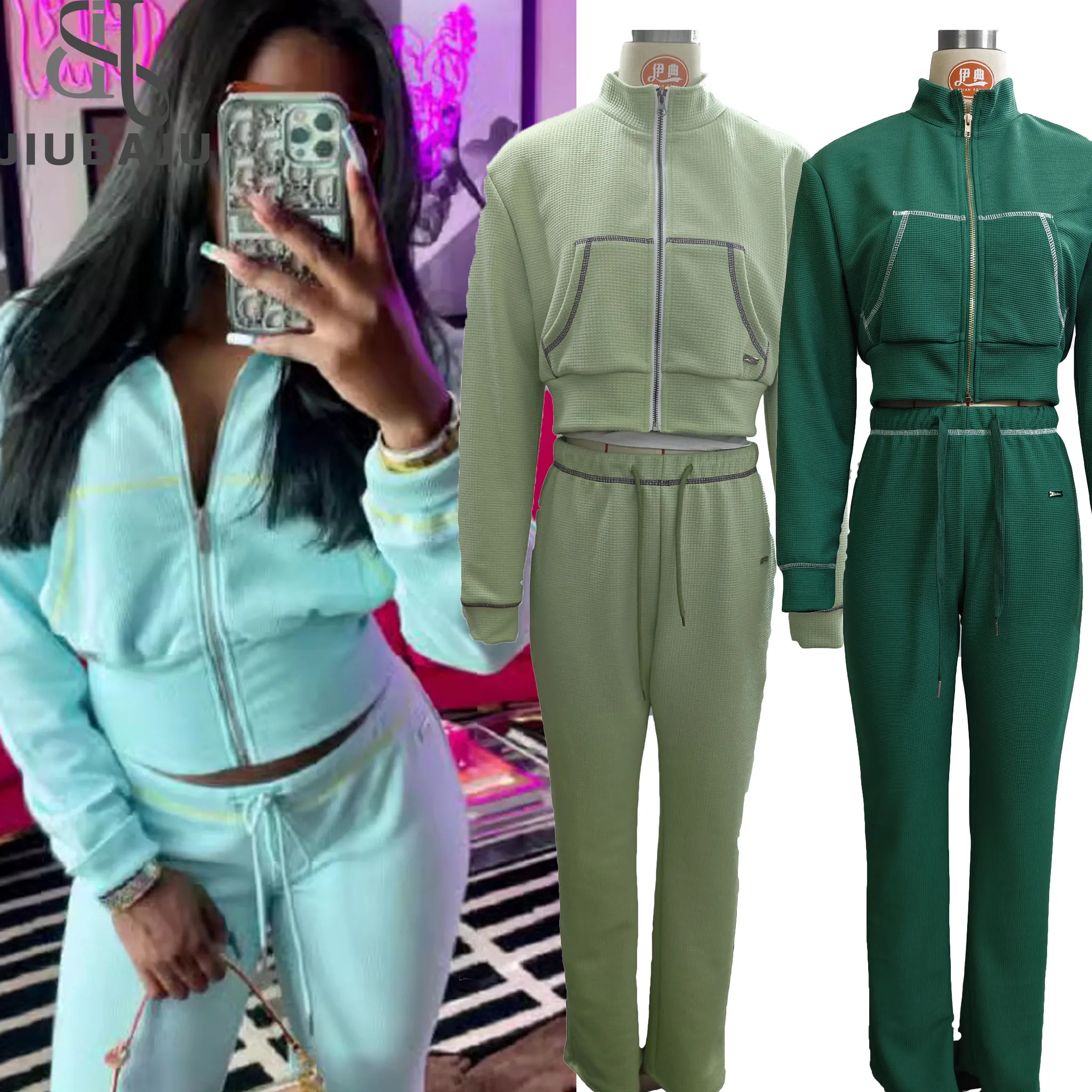New Autumn and Winter Tracksuits Long Sleeve Zipper Waffle Jacket Solid Pant Sporty Knit Two Piece Jogger Set