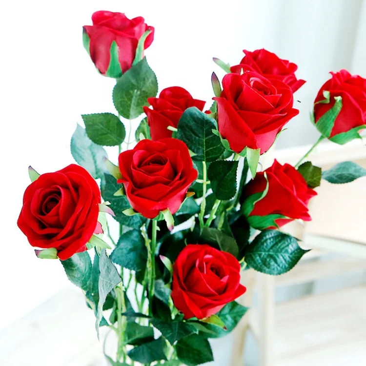 Wholesale Artificial Flower Red Single Long Stem Velvet Silk Roses For Wedding And Home
