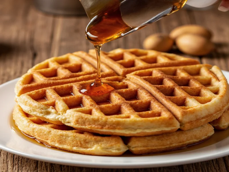Crispy golden homemade waffles with maple syrup drizzle