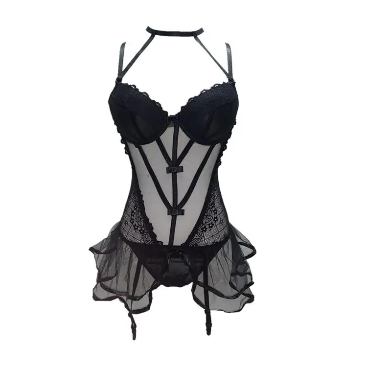 

Transparent tulle sexy underwear waistcoat fishbone body hanging neck lace sexy dress, Black