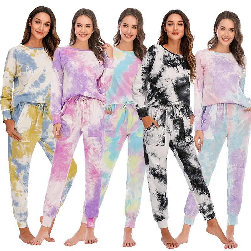 

Fall Loungewear Long Sleep Wear Two Piece Set Ropa De Dormir Tie Dye Pyjamas Pijamas De Mujer Cotton Sleepwear Pajamas For Women