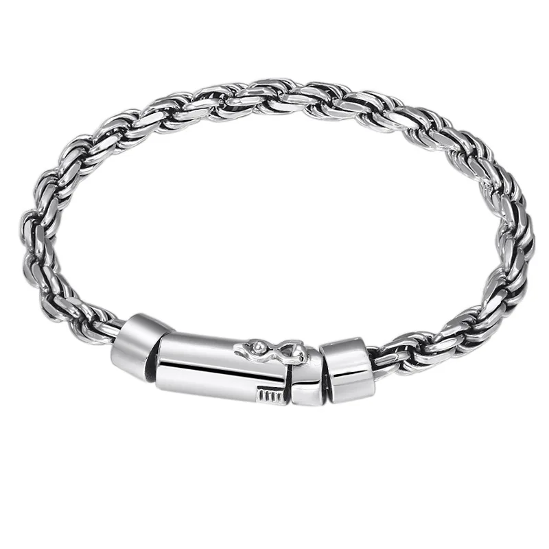 

Wholesale S925 Sterling Silver Bracelet Men's Retro Hand Woven Fried Dough Twists Rope Bracelet Jewelry