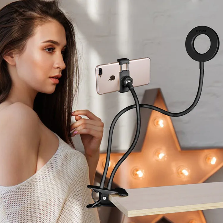 Selfie LED Ring Light Stand with Phone Holder, Adjustable 3 Level Brightness Make up Stand with Flexible Arms Compatible with Almost All Cellphones 