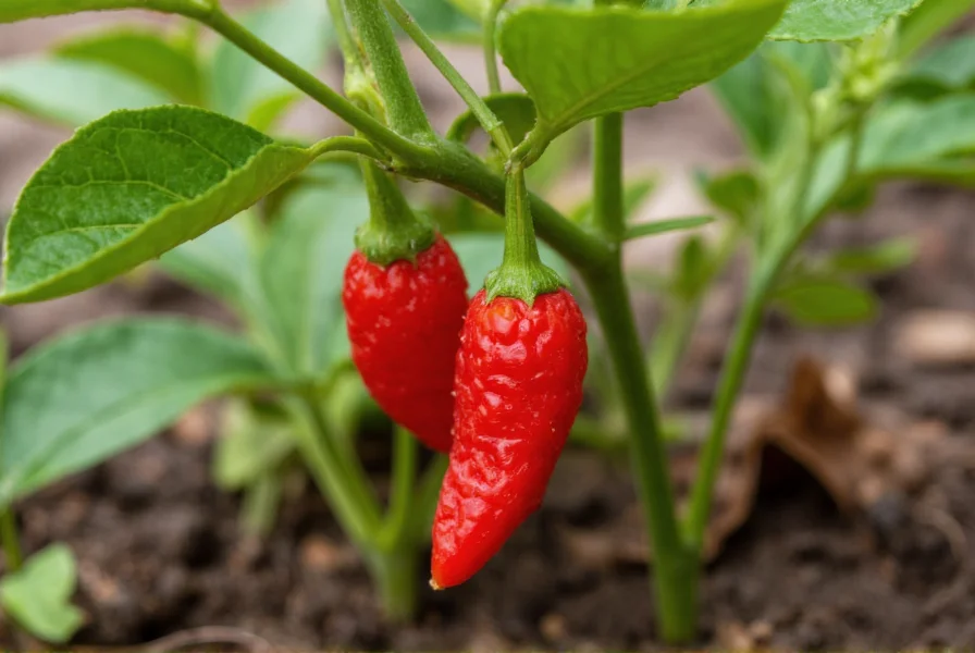 Ghost pepper plant with vibrant red pods growing in soil, showing characteristic bumpy texture and pointed tip