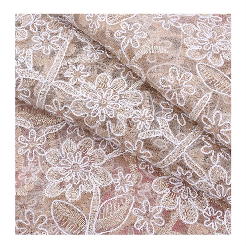 

high quality golden color beautiful flower pattern embroidery bridal dress fabric 100% polyester mesh sequin lace fabric, Accept customized
