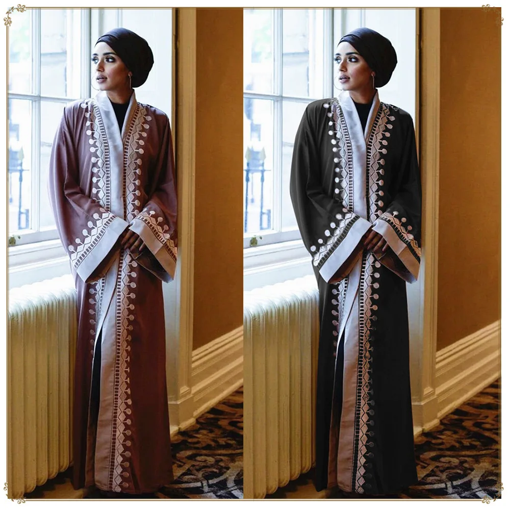 

Fashion Plus Size Embroidered Cardigan Robe Dubai Women Eid Abayas Islamic Clothing Muslim Dress, 2 colors