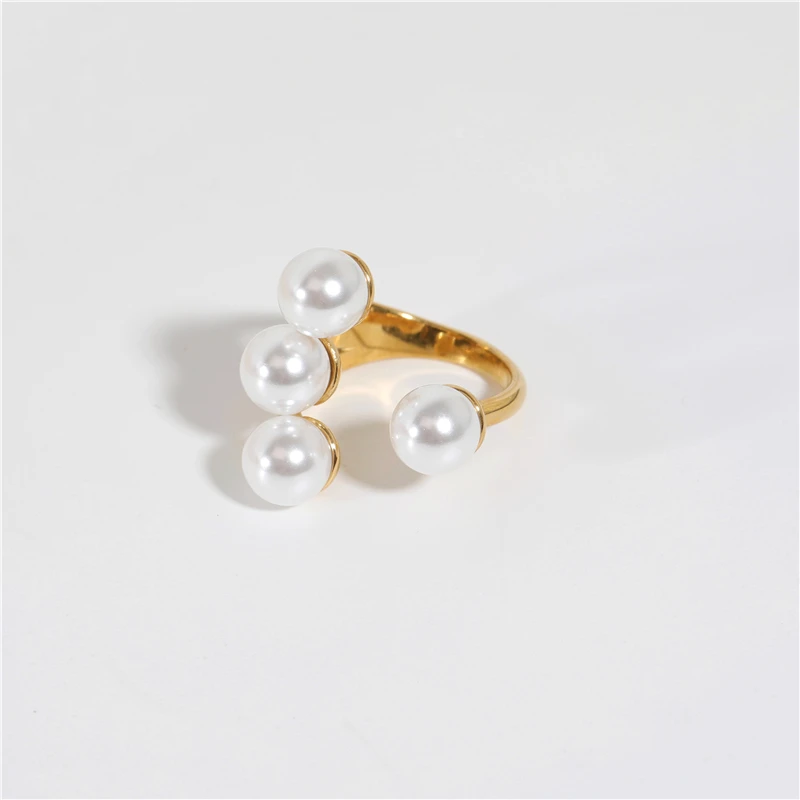 

High End 18K Gold Plated Four Pearls Open Rings Stainless Steel Jewelry Trendy Finger Ring