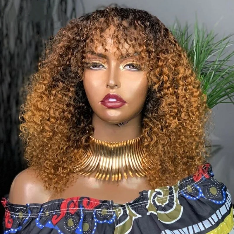 

Remy Glueless Ombre Brown Color Highlight Kinky Curly Bob Full Cuticle Aligned Human Hair Lace Front Wigs With Bang