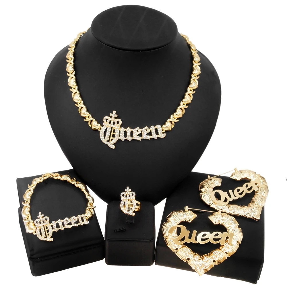 

Yulaili I Love You Hug And Kiss Xoxo Queen Crown Big Earrings Jewelry Sets Wedding Costume Dubai Fine Necklace Jewelry Set X0140