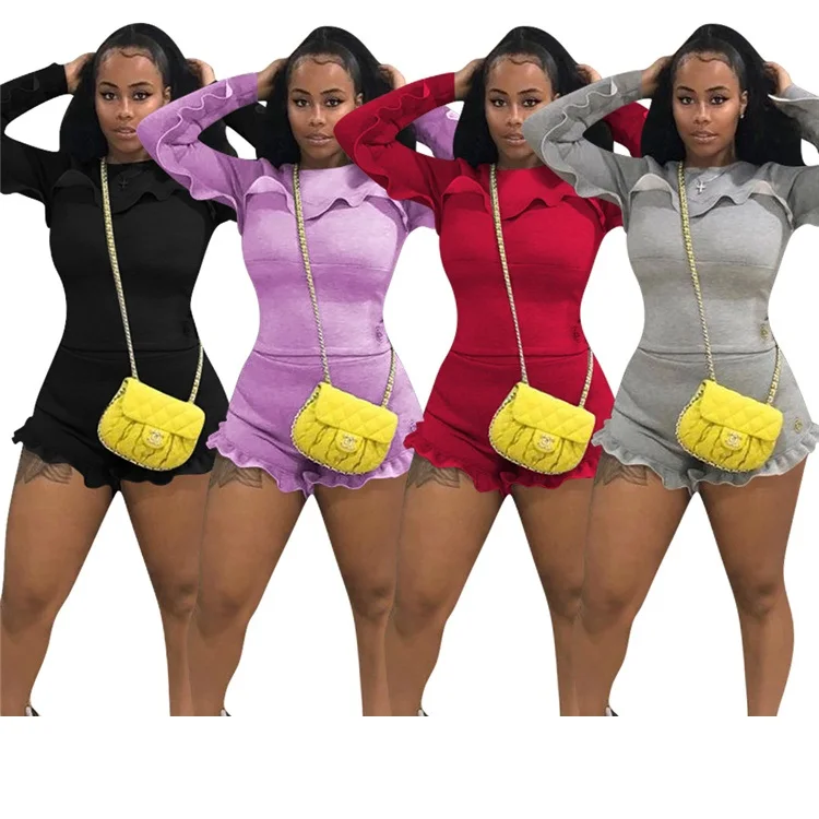 

2021 High Quality Long Sleeve Irregular Tops And Shorts Activewear Clothes Spring Women 2 Piece Set, Picture shown