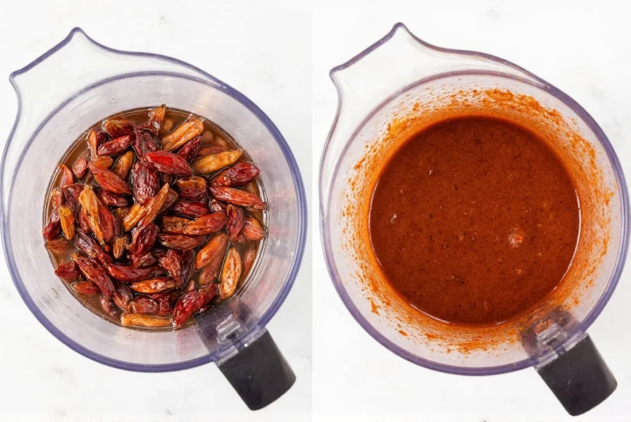 Step-by-step preparation of homemade ancho chili paste showing dried ancho chilies soaking in water, then blending into smooth paste
