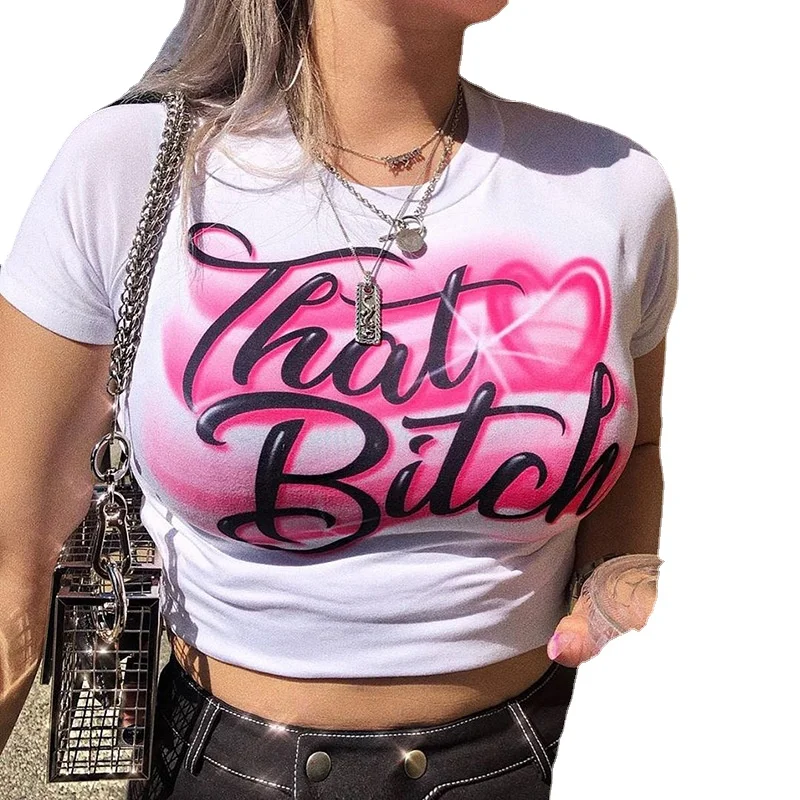 

Letter Printed Graphic T Shirts Women Short Sleeve Fashinable Crop Top Spirit T-shirt