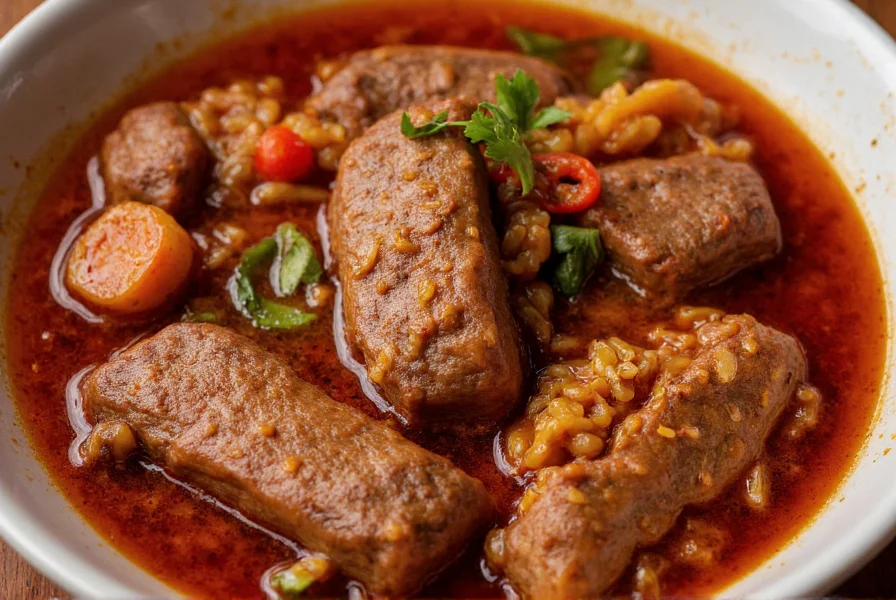 Bone-in beef short ribs simmering in rich red chili broth with visible gelatin strands and aromatic vegetables