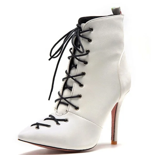 

Fancy Cheap Women High Heel Ankle Boots Thin Heels Stiletto White Dress Booties Shoes Lace up Party Big Szie 47 Lady Short Boots, Black white red