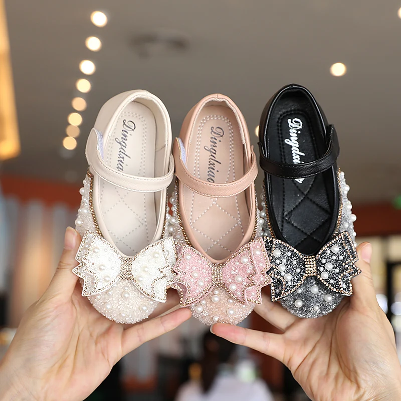 

2021 summer soft bottom hook&loop female baby single shoes rhinestone bow princess shoes kids children girl shoes, Pink/beige/black