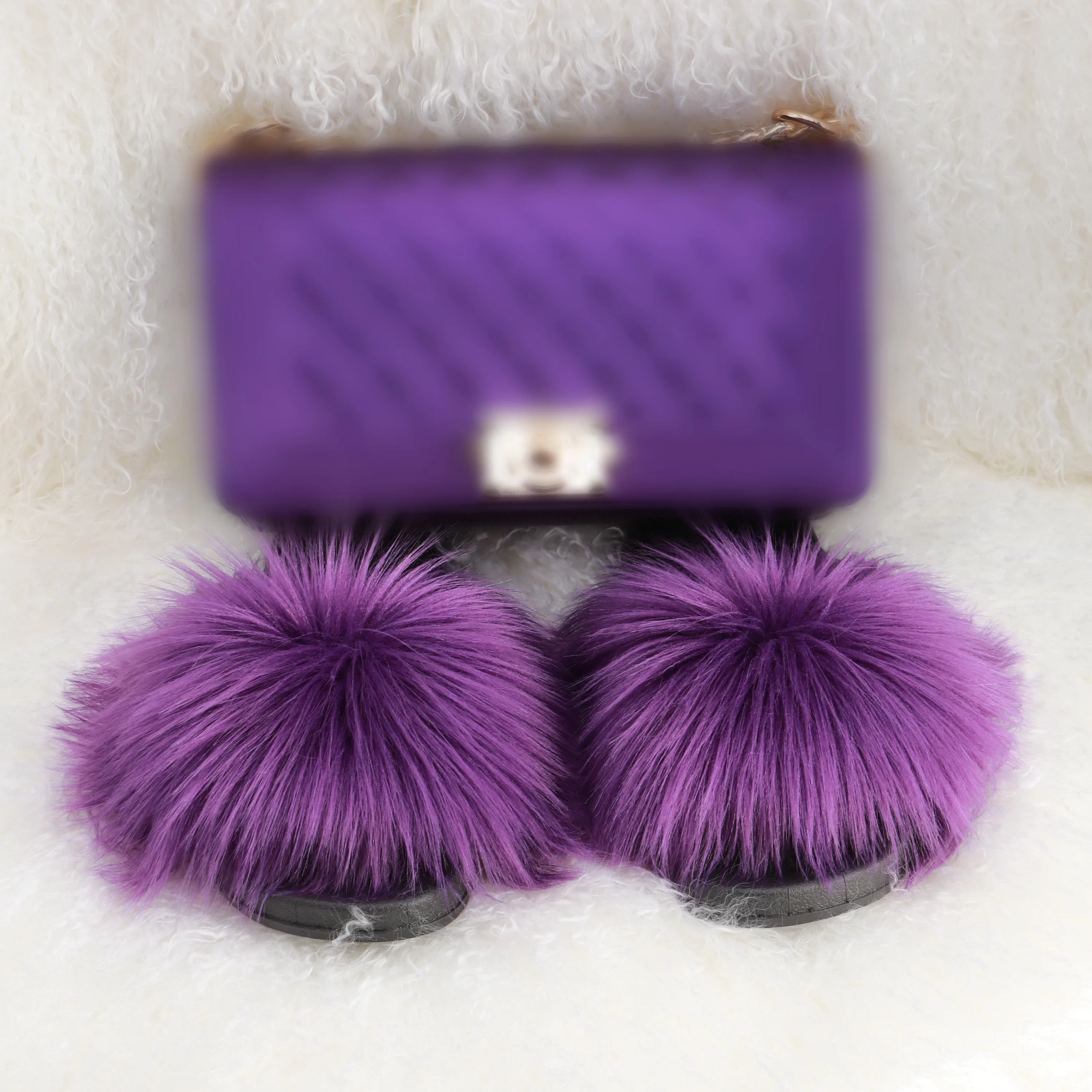 

hot sale matched colors candy rainbow strip colorful fluffy fur sandals handbag purses