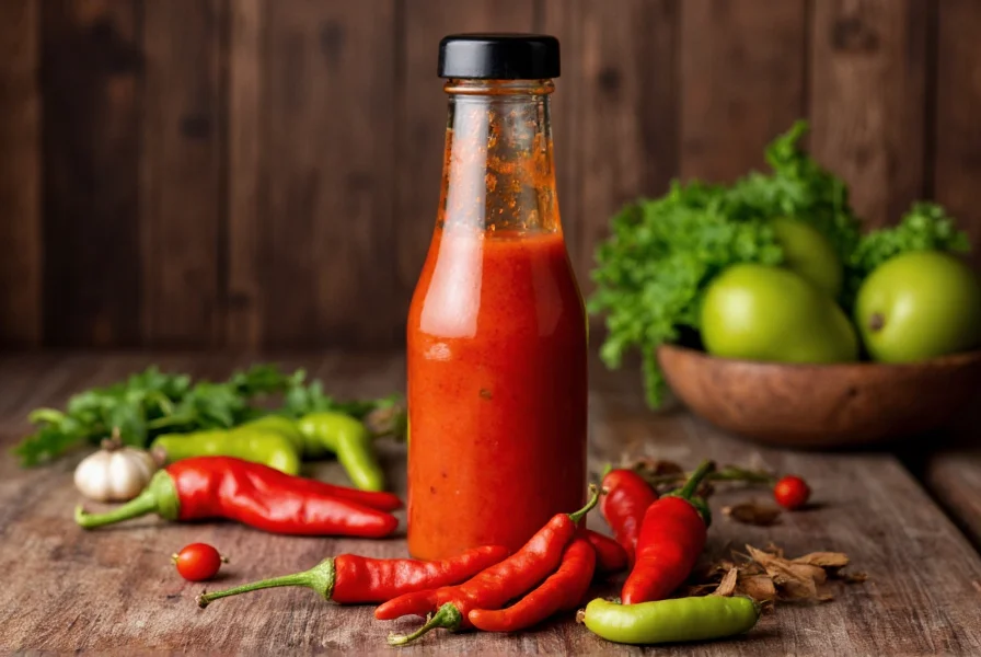 Homemade scotch bonnet pepper sauce in glass bottle with fresh peppers and ingredients