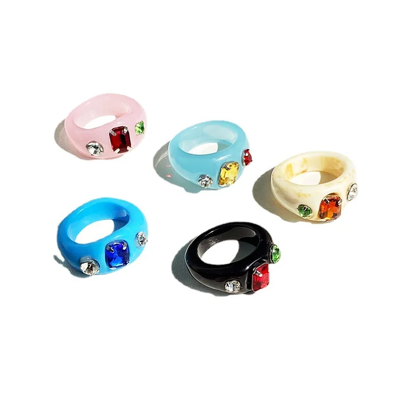 

Y2K Ring Korean Style Design Handmade Colored Gemstone Zircon Inlaid Jelly Multicolor Resin Ring, Like picture