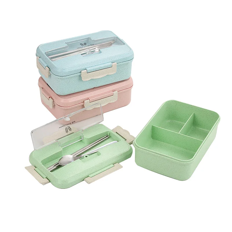 

Eco -friendly Biodegradable Microwave 3Compartment wheat straw bento lunch box for camping school with stainless steel cutlery, Customized