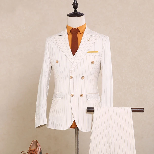 

Striped White Men Tuxedos 3 Sets Piece Men Suits Double Breasted Groomsmen Wedding Suits 2020