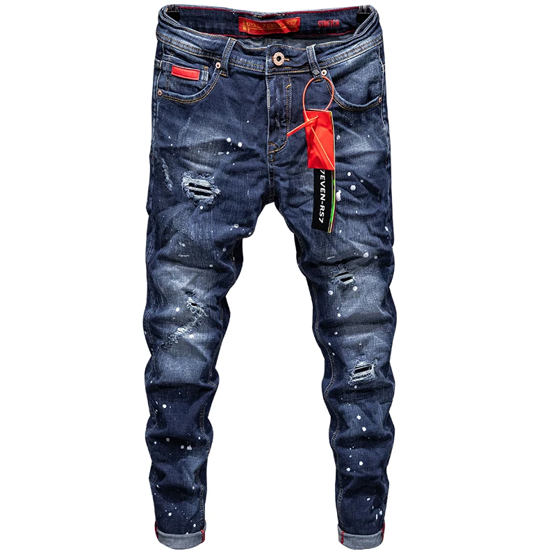 

New arrivals Men Leisure Biker jeans Slim fit quality pants paint Hole high-quality elastic jeans badge trousers Denim pants, Picture color