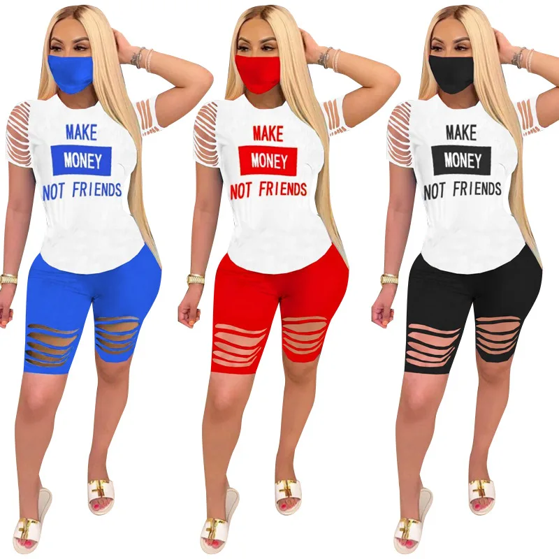 

2 Piece Sports Outfit Cutout Tracksuit Casual T-shirt Bodycon Short Pants Set with Mask Print Women Suit Women Clothes Regular