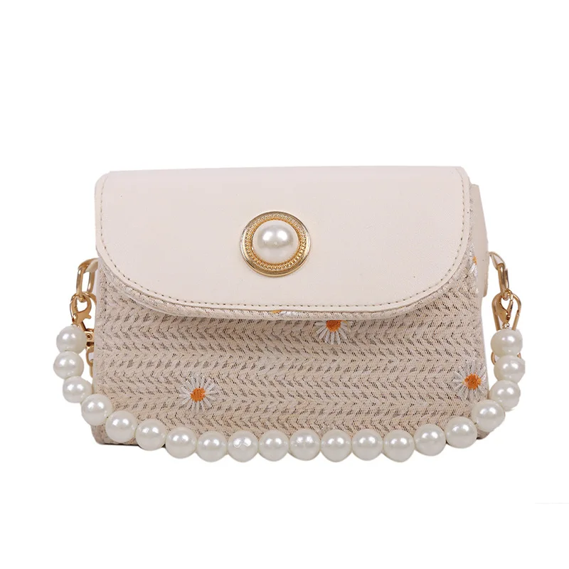 

SP816 Woven PU Flower Messenger Bag Beach Pearl Chain Handbag, Picture shown